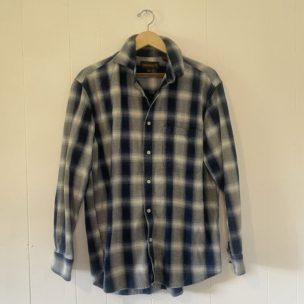 Timberland Men’s 100% Cotton Flannel Long Sleeve Blue/White Button Down Medium